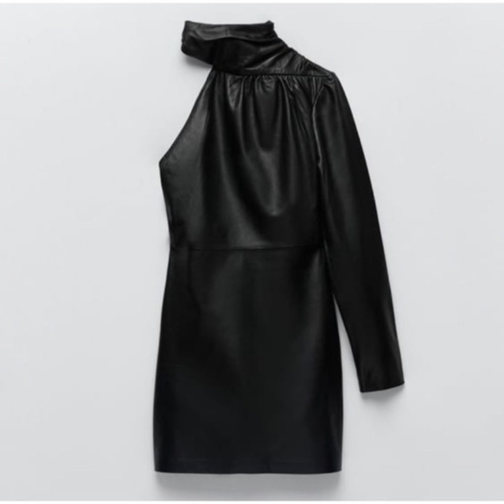 NWT Zara Asymmetric Genuine Real Leather One Sleeve Mini Dress size S